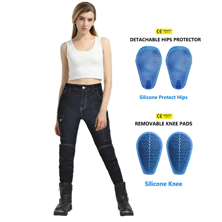 2024 New Motorcycle Dark Blue Jeans Women Silicone Protector Detachable Racing Road Rider Four Seasons Casual Fashion Pants