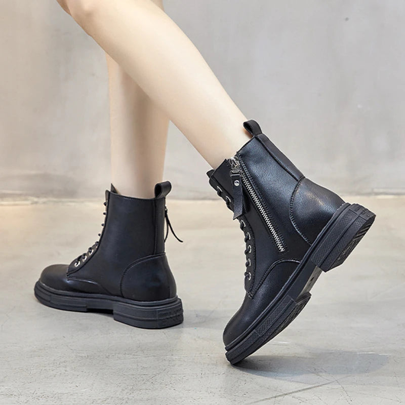 WOIZGIC Women'S Ladies Genuine Leather Female Shoes Ankle Boots Platform Lace up Warm Winter Autumn Fur Plush Motorcycle