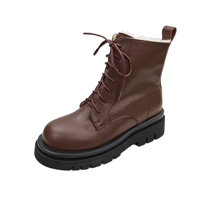 QUTAA 2022 Women Motorcycle Boots Winter Warm plus Plush round Toe Genuine Leather Shoes Plush Lace up Ankle Boots Size 34-43