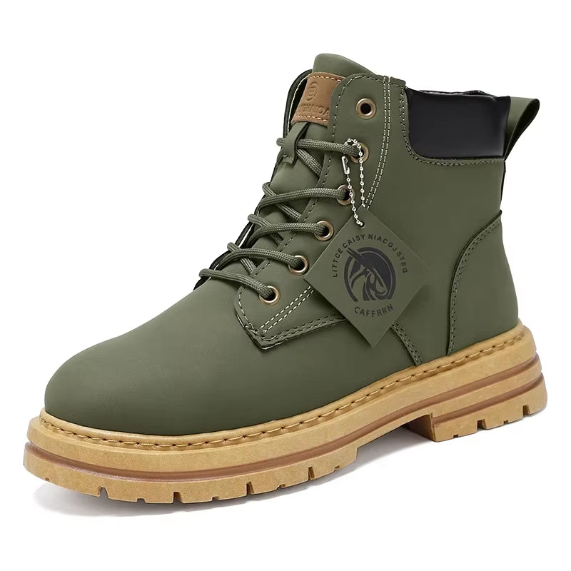 Motorcycle Boots Lace up Winter Black High Top Leisure All-Match Men'S Casual Boots Non-Slip Trend Rubber Men Flat Boots