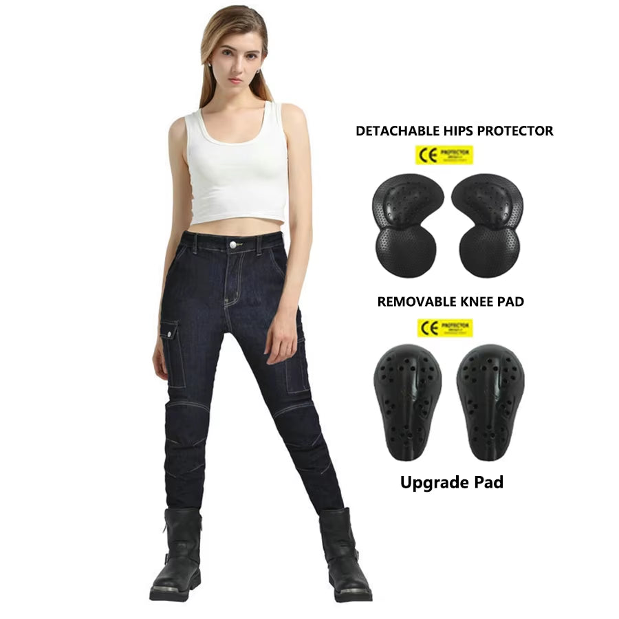 2024 New Motorcycle Dark Blue Jeans Women Silicone Protector Detachable Racing Road Rider Four Seasons Casual Fashion Pants