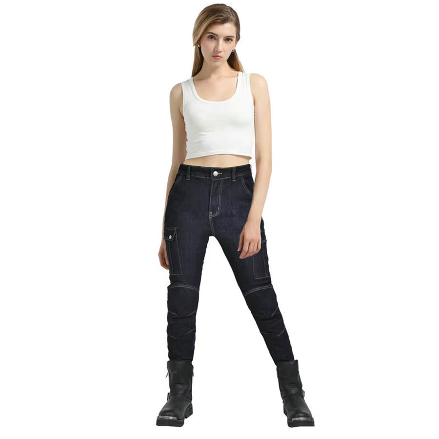 2024 New Motorcycle Dark Blue Jeans Women Silicone Protector Detachable Racing Road Rider Four Seasons Casual Fashion Pants