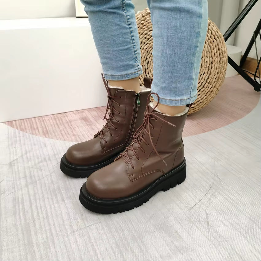 QUTAA 2022 Women Motorcycle Boots Winter Warm plus Plush round Toe Genuine Leather Shoes Plush Lace up Ankle Boots Size 34-43