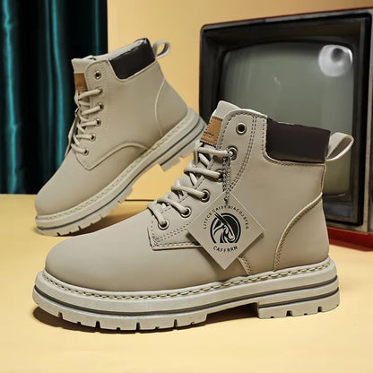 Motorcycle Boots Lace up Winter Black High Top Leisure All-Match Men'S Casual Boots Non-Slip Trend Rubber Men Flat Boots