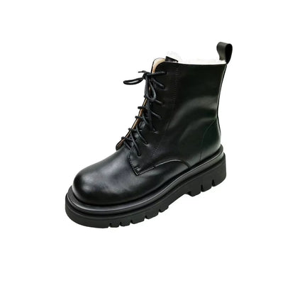 QUTAA 2022 Women Motorcycle Boots Winter Warm plus Plush round Toe Genuine Leather Shoes Plush Lace up Ankle Boots Size 34-43