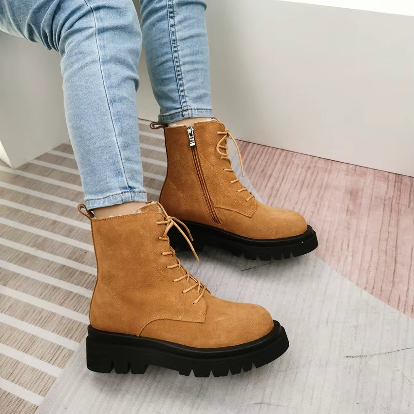 QUTAA 2022 Women Motorcycle Boots Winter Warm plus Plush round Toe Genuine Leather Shoes Plush Lace up Ankle Boots Size 34-43