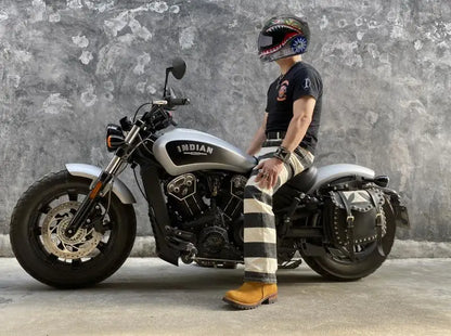 BOB DONG Prisoner Striped Motorcycle Pants for Men Vintage 16Oz Biker Trousers