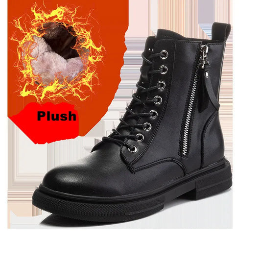 WOIZGIC Women'S Ladies Genuine Leather Female Shoes Ankle Boots Platform Lace up Warm Winter Autumn Fur Plush Motorcycle