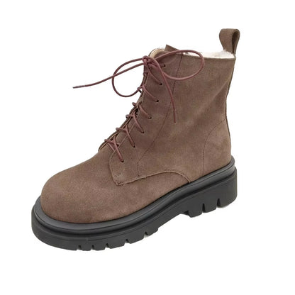 QUTAA 2022 Women Motorcycle Boots Winter Warm plus Plush round Toe Genuine Leather Shoes Plush Lace up Ankle Boots Size 34-43