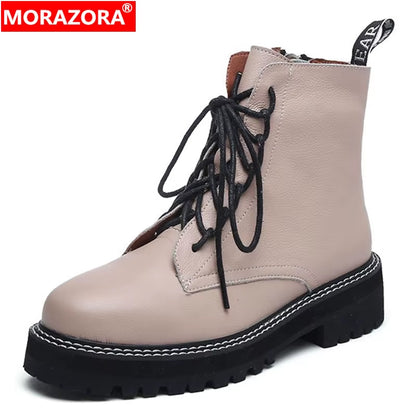 MORAZORA 2024 Genuine Leather Boots Women Shoes Thick Sole Lace up Autumn Winter Short Ankle Boots for Women Motorcycle Boots