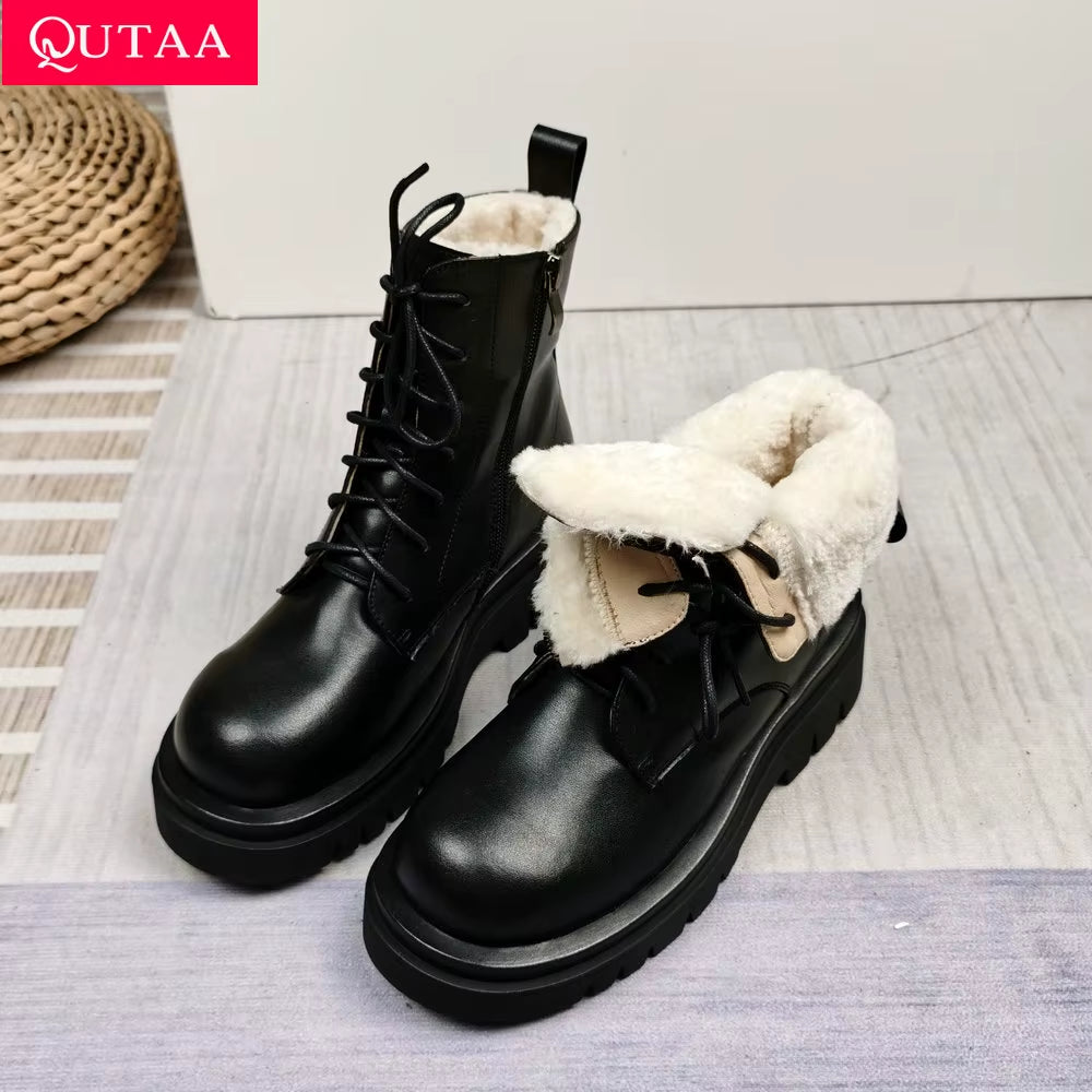 QUTAA 2022 Women Motorcycle Boots Winter Warm plus Plush round Toe Genuine Leather Shoes Plush Lace up Ankle Boots Size 34-43