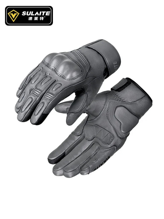 SULAITE Goatskin Warm plus Fleece Cycling Gloves Motorcycle Touchscreen Vintage Leather Gloves Protective Cycling Gloves Guantes