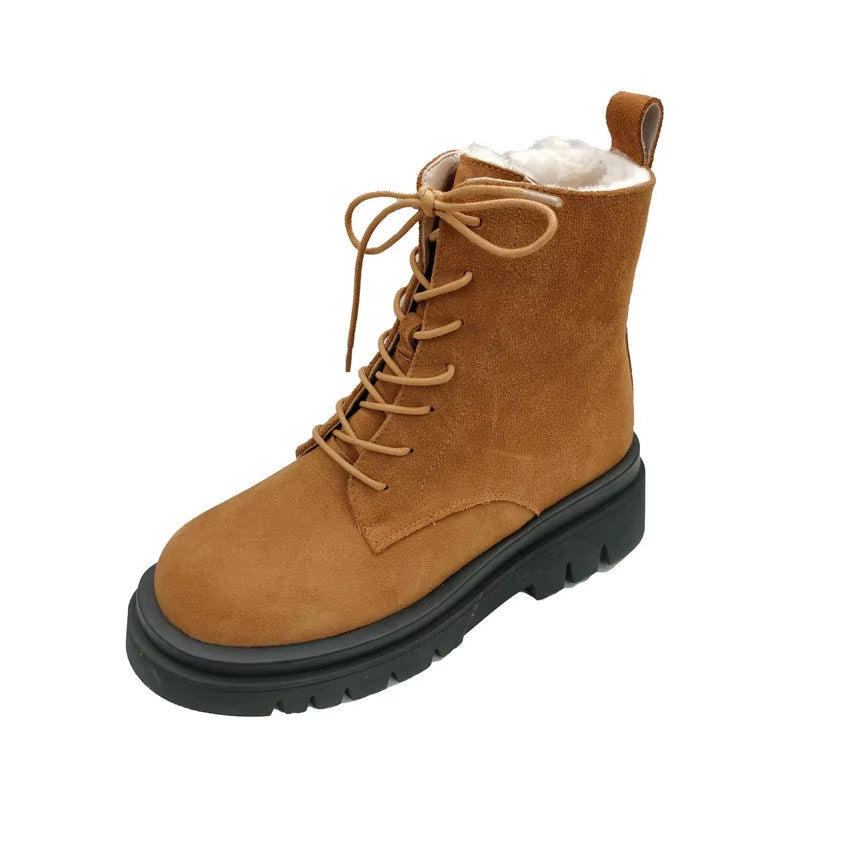 QUTAA 2022 Women Motorcycle Boots Winter Warm plus Plush round Toe Genuine Leather Shoes Plush Lace up Ankle Boots Size 34-43