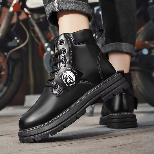 Motorcycle Boots Lace up Winter Black High Top Leisure All-Match Men'S Casual Boots Non-Slip Trend Rubber Men Flat Boots