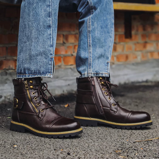 Metal Double Zipper Motorcycle Men Boots Fashionable Men Mid Top Boots Botas Motocross Racing Shoes
