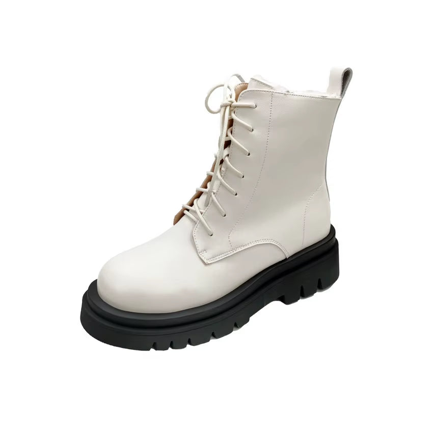QUTAA 2022 Women Motorcycle Boots Winter Warm plus Plush round Toe Genuine Leather Shoes Plush Lace up Ankle Boots Size 34-43