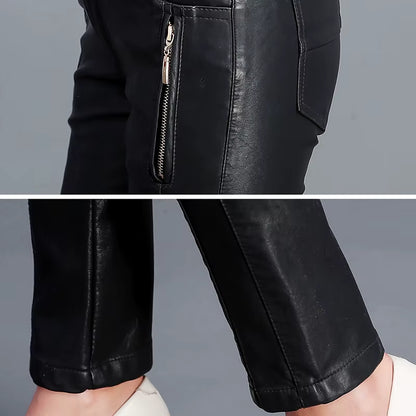 Hot Sale Chic Women Pu Leather Motorcycle Pants Fashion Streetwear High Waist Pencil Pants Skinny Trousers for Women (No Belt)
