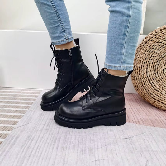 QUTAA 2022 Women Motorcycle Boots Winter Warm plus Plush round Toe Genuine Leather Shoes Plush Lace up Ankle Boots Size 34-43