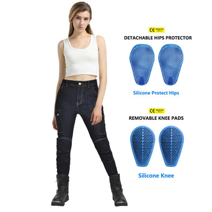 2024 New Motorcycle Dark Blue Jeans Women Silicone Protector Detachable Racing Road Rider Four Seasons Casual Fashion Pants