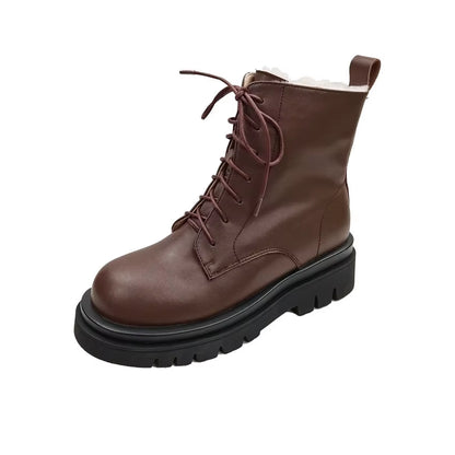 QUTAA 2022 Women Motorcycle Boots Winter Warm plus Plush round Toe Genuine Leather Shoes Plush Lace up Ankle Boots Size 34-43