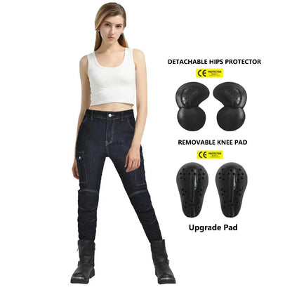 2024 New Motorcycle Dark Blue Jeans Women Silicone Protector Detachable Racing Road Rider Four Seasons Casual Fashion Pants